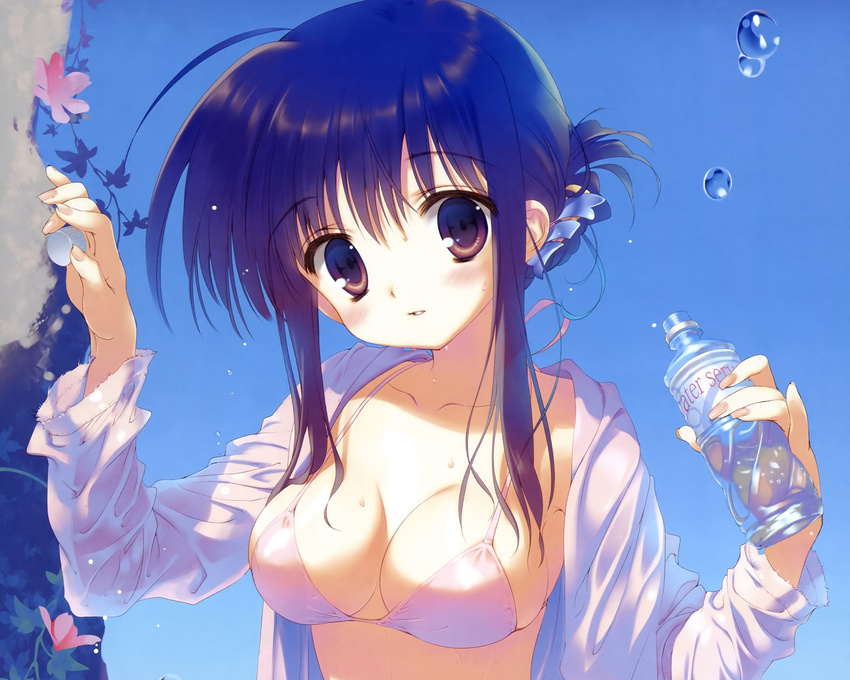 bikini cleavage drink open_shirt original santa_matsuri swimsuit wet