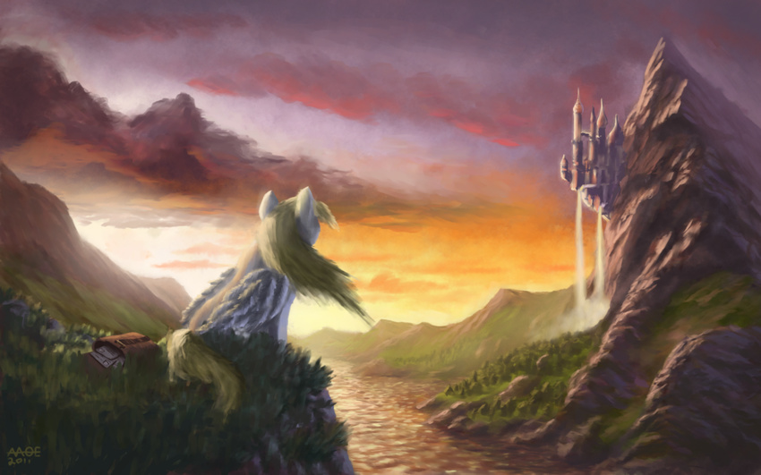 2011 blonde_hair canterlot castle cloud derpy_hooves_(mlp) equine female feral friendship_is_magic grass hair high_place horse landscape longing mail mail_carrier mailbag mailpony mammal moe mountain my_little_pony outcrop pegasus pony river separation sitting sky solo sunset valley wallpaper water waterfall white_body widescreen wings