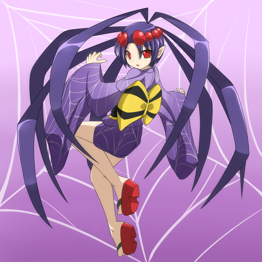 arane bow clam_curry clog_sandals highres insect_girl japanese_clothes kimono monster_girl no_pupils pointy_ears purple_hair queen's_blade queen's_blade_spiral_chaos red_eyes sandals short_hair solo spider_girl