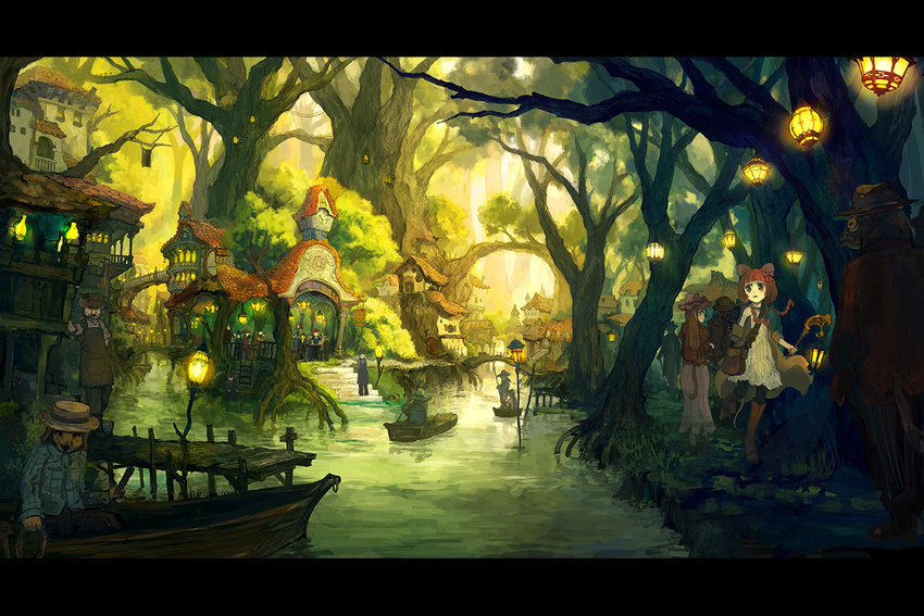 5boys animal_ears bag boat braid forest furry hat hatoya_hato house lantern letterboxed multiple_boys multiple_girls nature original rowboat satchel scenery tail town tree twin_braids water watercraft yellow