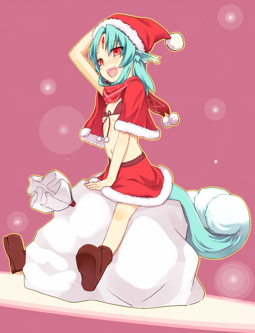 animal_ears aqua_hair bad_id bad_pixiv_id bag bikini_top boots carbuncle_(final_fantasy) christmas facial_mark final_fantasy full_body gem hat highres midriff open_mouth orange_eyes original pen_(pen3) personification santa_costume santa_hat scarf short_hair simple_background skirt sleeveless smile solo tail