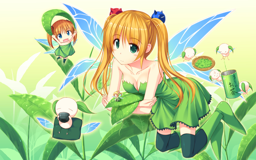 cleavage elf green_eyes maikaze_no_melt orange_hair thighhighs twintails wings