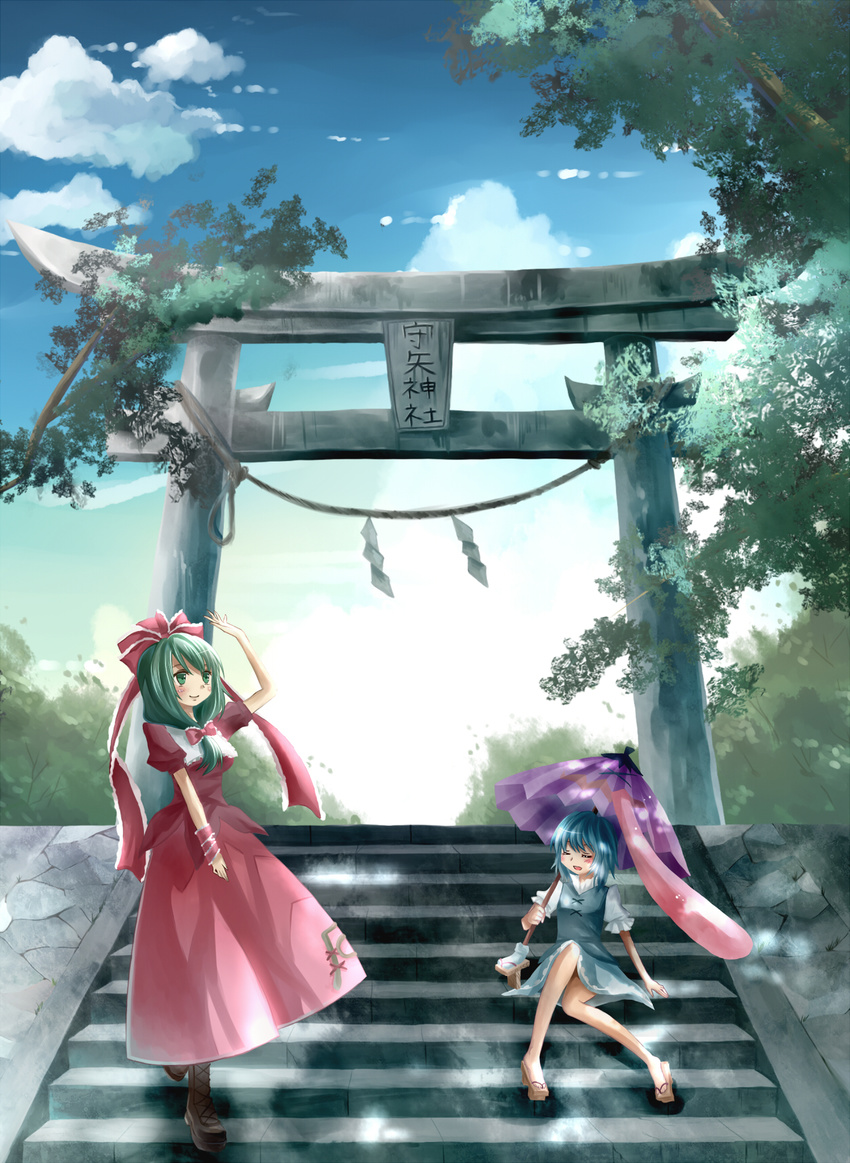 blue_hair blush bow closed_eyes cloud day dress frills front_ponytail green_eyes green_hair hair_bow hair_ornament hair_ribbon highres kagiyama_hina karakasa_obake long_hair miyakure multiple_girls open_mouth ribbon rope shading_eyes shide shimenawa short_hair sitting skirt sky smile stairs stone_torii tatara_kogasa tongue torii touhou tree umbrella