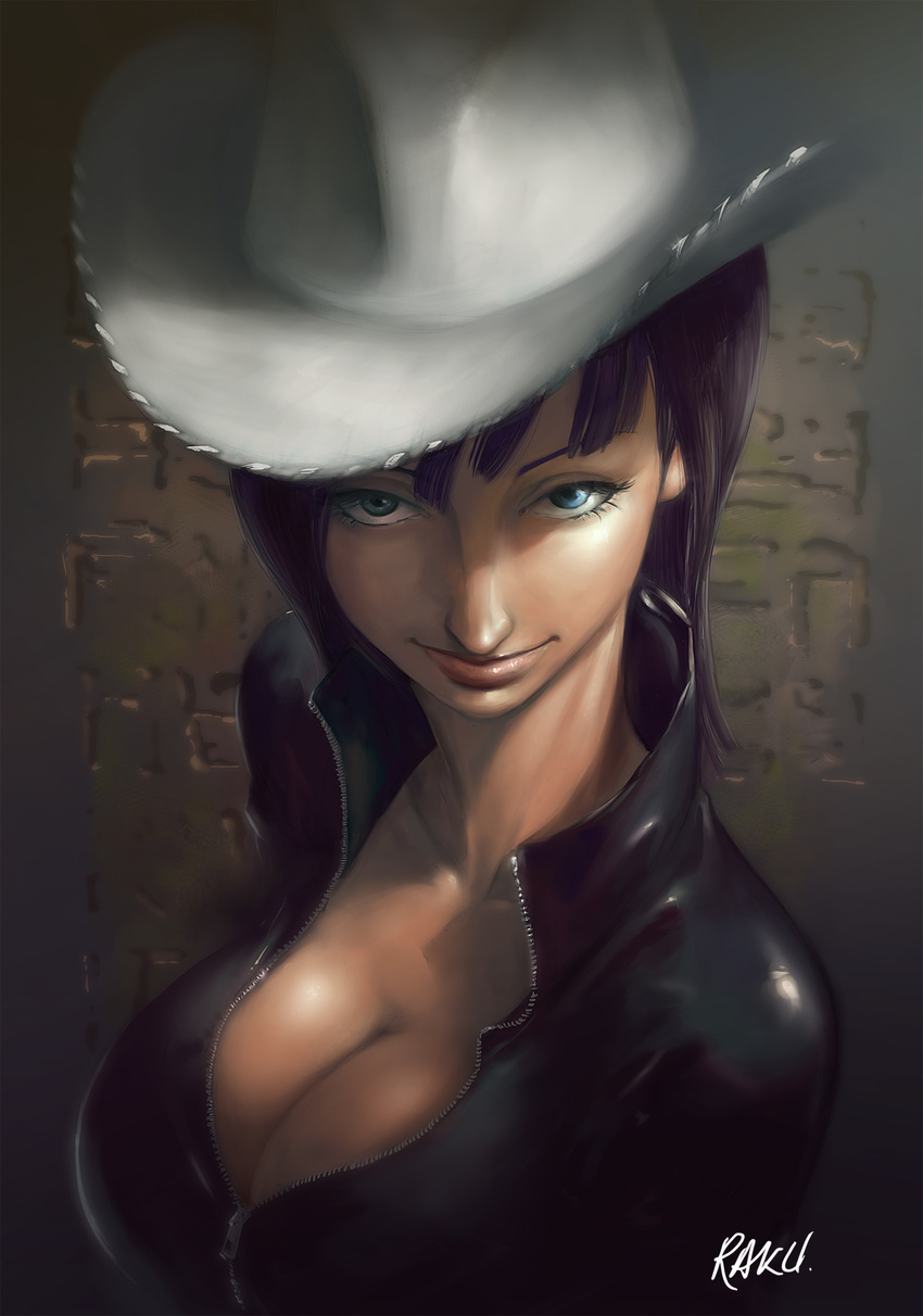 black_hair breasts cleavage cowboy_hat hat highres ismael jacket large_breasts lips nico_robin one_piece short_hair smile solo unzipped western
