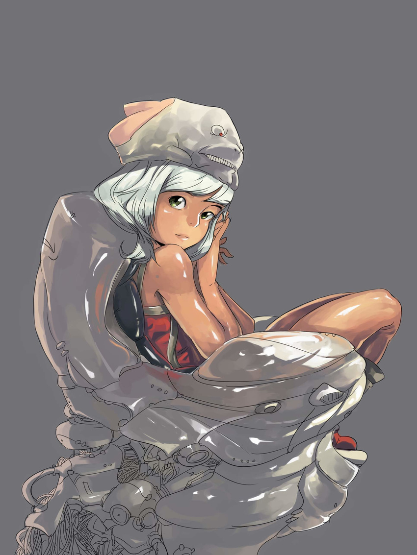 absurdres bad_id bad_pixiv_id bare_shoulders green_eyes hat highres looking_at_viewer original rumo short_hair silver_hair simple_background sitting solo