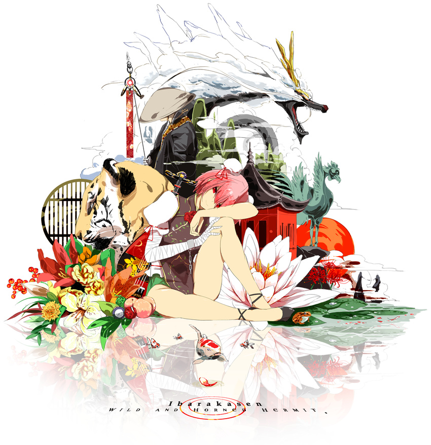 architecture bad_id bad_pixiv_id bandages bare_legs bird bun_cover chain cloud cuffs double_bun dragon east_asian_architecture eastern_dragon fish flower food frog fruit highres ibaraki_kasen koi light_smile monk peach pink_eyes pink_hair reflection short_hair siirakannu sitting solo spider_lily sun tabard tiger touhou water
