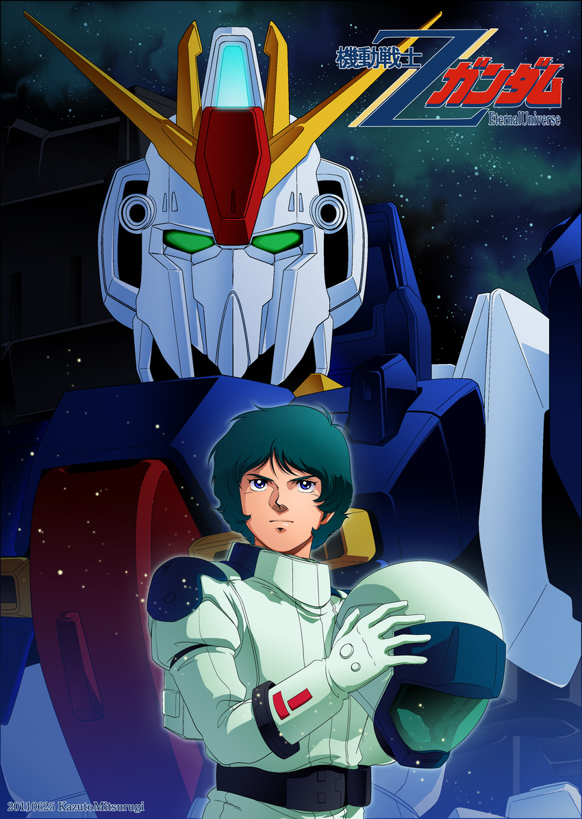 80s absurdres aqua_hair bad_id bad_pixiv_id blue_eyes dated gundam helmet highres kamille_bidan kazuto_mitsurugi male_focus mecha oldschool pilot_suit signature solo space star_(sky) text_focus zeta_gundam zeta_gundam_(mobile_suit)