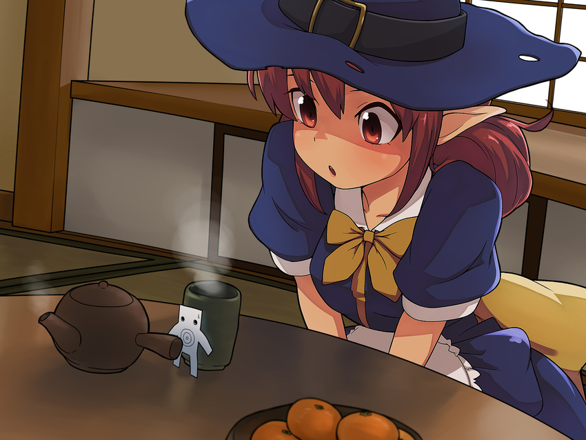 bow brown_eyes brown_hair cup dutch_angle food fruit hat hiding highres mandarin_orange paper_man pointy_ears pu-chin side_handle_teapot sitting solo tea teapot witch_hat yunomi