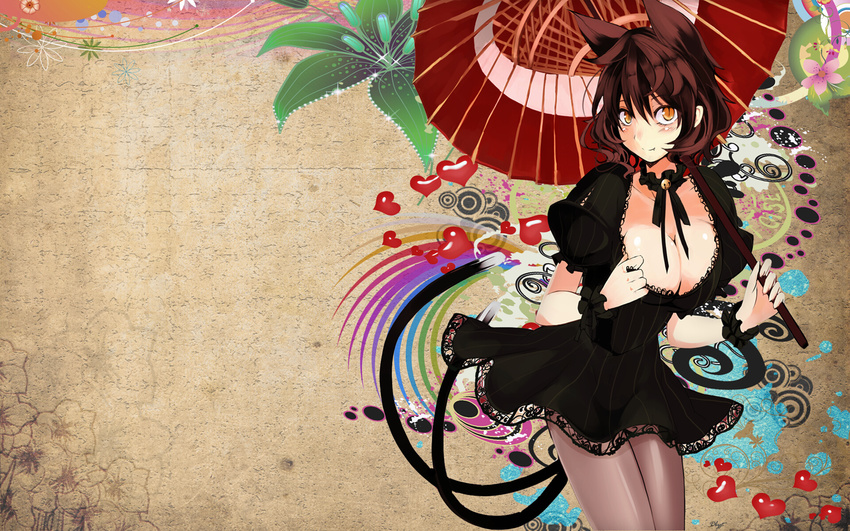 animal_ears blush brown_hair chen cleavage dress orange_eyes short_hair tail touhou umbrella