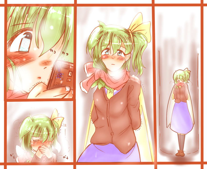 bad_id bad_pixiv_id blue_eyes blush bow breath cellphone clock03 comic contemporary daiyousei fairy green_hair hair_bow phone scarf side_ponytail touhou translation_request trembling wings