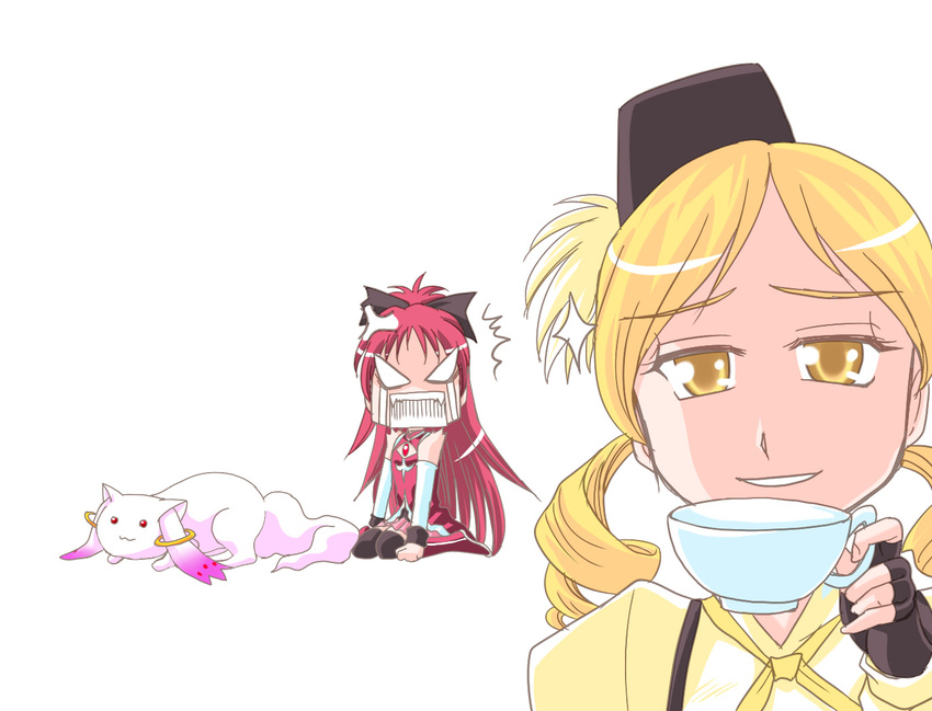 2girls :3 anger_vein blonde_hair boots bow chibi comic cup drill_hair fangs fingerless_gloves gloves hair_bow hair_ornament kisaragi_ryou_(sougetsu-tei) kyubey long_hair looking_at_viewer magical_girl mahou_shoujo_madoka_magica multiple_girls open_mouth ponytail puffy_sleeves red_eyes red_hair ribbon sakura_kyouko silent_comic simple_background sitting smile soul_gem sparkle spoilers teacup tears thighhighs tomoe_mami white_background