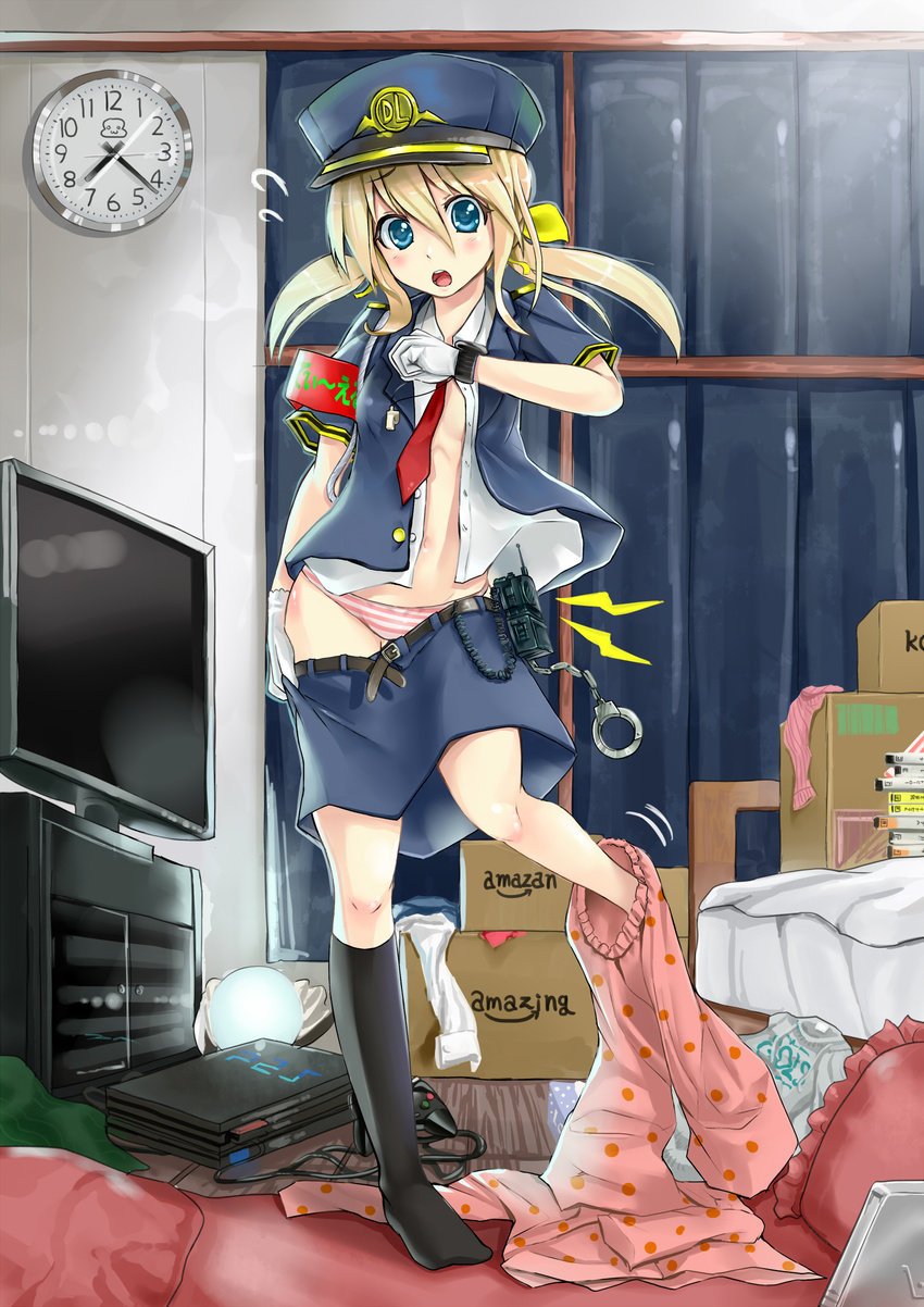 aldehyde bad_id bad_pixiv_id blonde_hair blue_eyes blush clock cuffs dressing game_console gloves handcuffs hat highres necktie open_clothes open_mouth original pajamas panties pink_panties playstation_2 radio socks solo striped striped_panties television underwear uniform