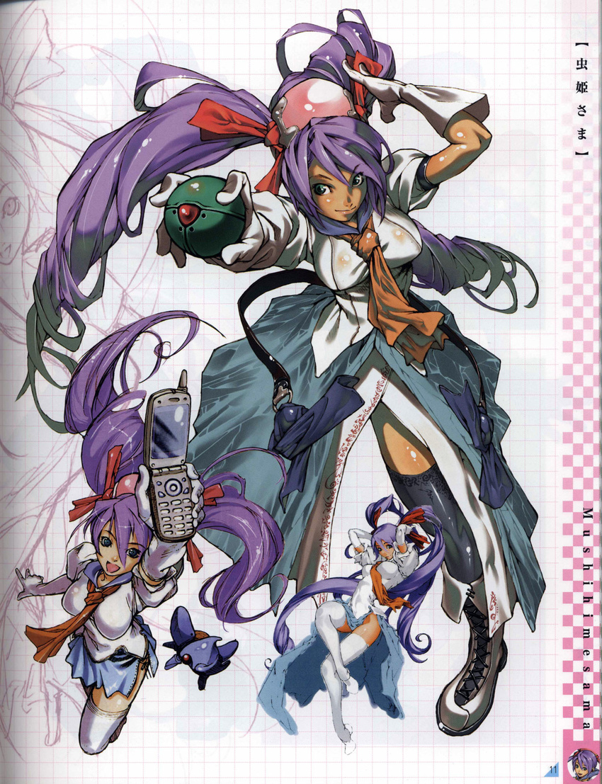 absurdres blue_eyes blue_sailor_collar bow cellphone elbow_gloves gloves hair_bow hair_ornament highres impossible_clothes impossible_shirt long_hair mushihime-sama official_art open_mouth phone purple_hair reco sailor_collar scan shirt skirt thighhighs tomoyuki_kotani twintails very_long_hair white_legwear