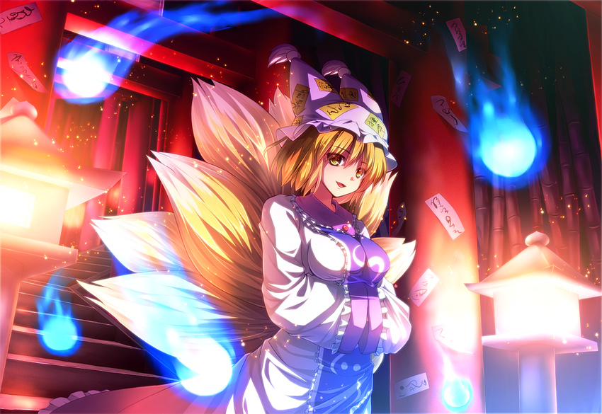 bamboo blonde_hair breasts fire fireball fox_tail hands_in_opposite_sleeves hat hitodama lantern large_breasts multiple_tails ofuda open_mouth ryosios short_hair smile solo stairs tail torii touhou yakumo_ran yellow_eyes