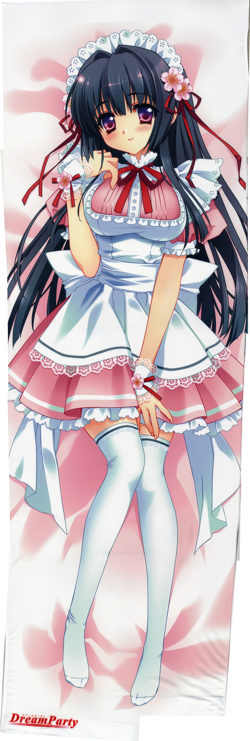 absurdres black_hair blush carnelian dakimakura dreamparty flower full_body headdress highres long_hair maid purple_eyes ribbon scan smile solo thighhighs