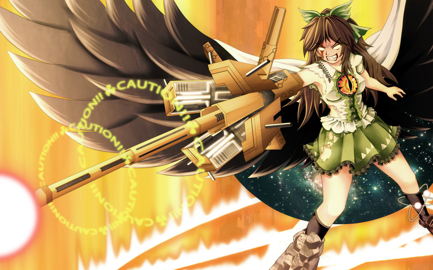 alternate_weapon angry arm_cannon blood clenched_teeth highres long_hair reiuji_utsuho solo tagosaku_(angel) teeth torn_clothes touhou weapon wings