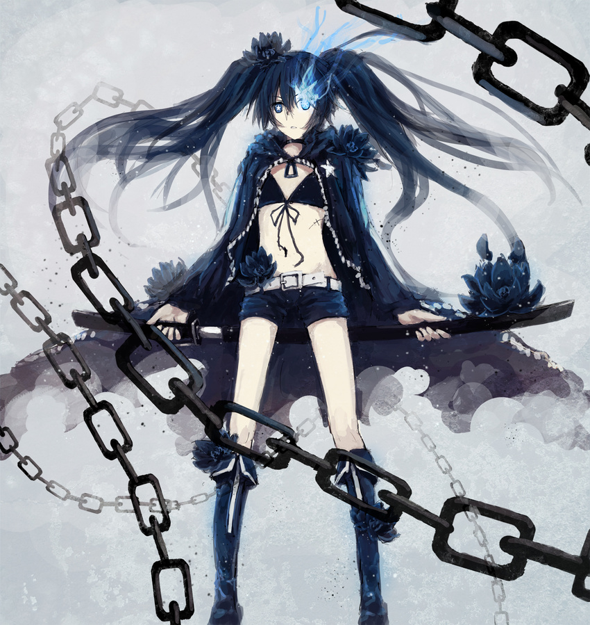 black_rock_shooter black_rock_shooter_(character) boots chain highres long_hair shorts solo sword twintails weapon zatsuon
