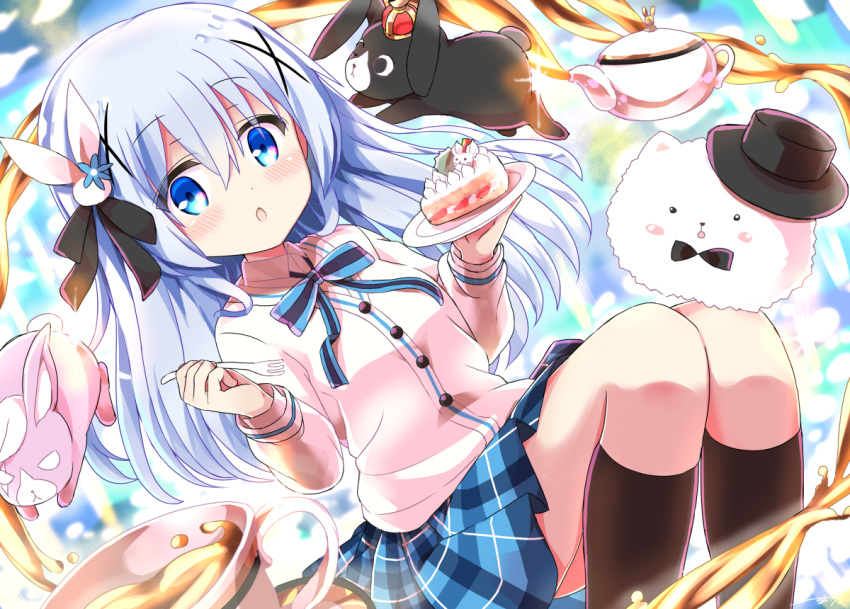 1girl :o angora_rabbit animal anko_(gochiusa) blue_bow blue_eyes blue_flower blue_hair blue_skirt blurry blurry_background blush bow brown_legwear bunny bunny_hair_ornament cake cardigan coffee collared_shirt cup depth_of_field flower food fork gochuumon_wa_usagi_desu_ka? hair_ornament hands_up himarisu_(hida_mari) holding holding_fork holding_plate kafuu_chino long_hair long_sleeves parted_lips plaid plaid_skirt plate pleated_skirt shirt skirt slice_of_cake striped striped_bow teacup thighhighs tippy_(gochiusa) very_long_hair white_cardigan white_shirt wild_geese x_hair_ornament