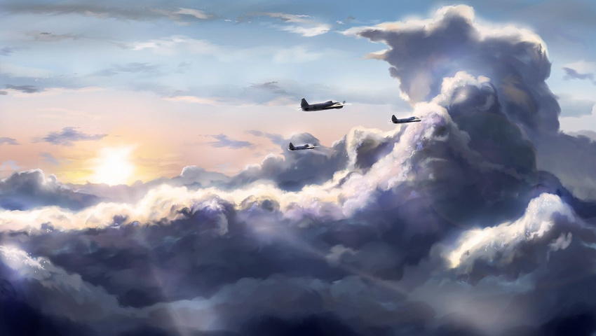 airplane bomber cloud commentary flying g4m gyan_(akenosuisei) military military_vehicle no_humans original sky sun sunset world_war_ii
