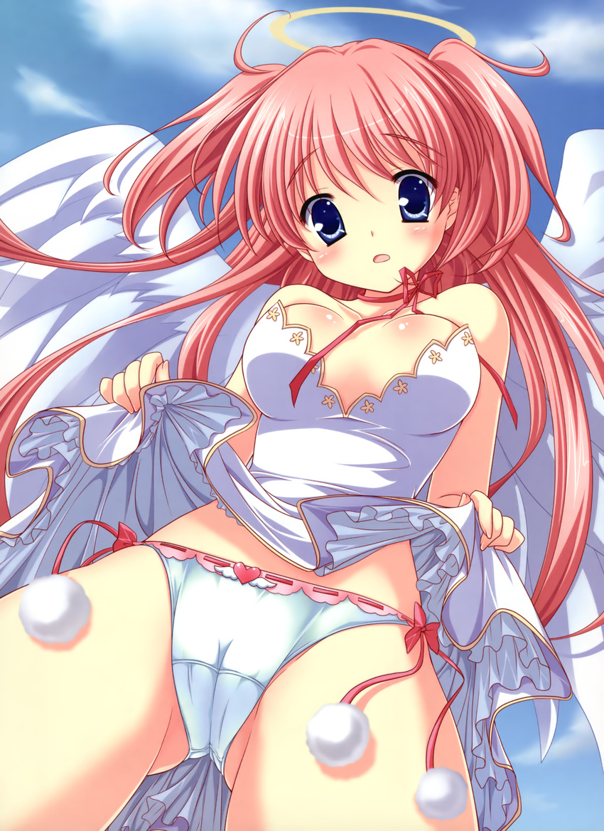 :o absurdres angel angel_wings blue_eyes blush bow bow_panties breasts day dengeki_moeou halo highres long_hair medium_breasts non-web_source official_art panties pink_hair skirt skirt_lift sky solo underwear white_panties wings yuyi