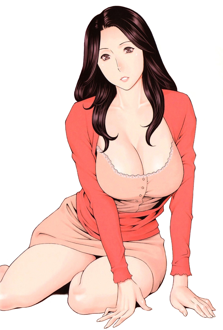 black_eyes black_hair breasts cleavage copyright_request highres large_breasts legs mature solo takasugi_kou thighs