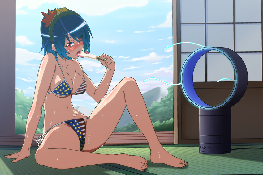 american_flag american_flag_bikini bad_anatomy barefoot bikini bladeless_fan blue_hair blush breasts cleavage dyson electric_fan flag_print food h-new large_breasts long_tongue popsicle red_eyes short_hair sitting slit_pupils solo sweat swimsuit tongue touhou yasaka_kanako