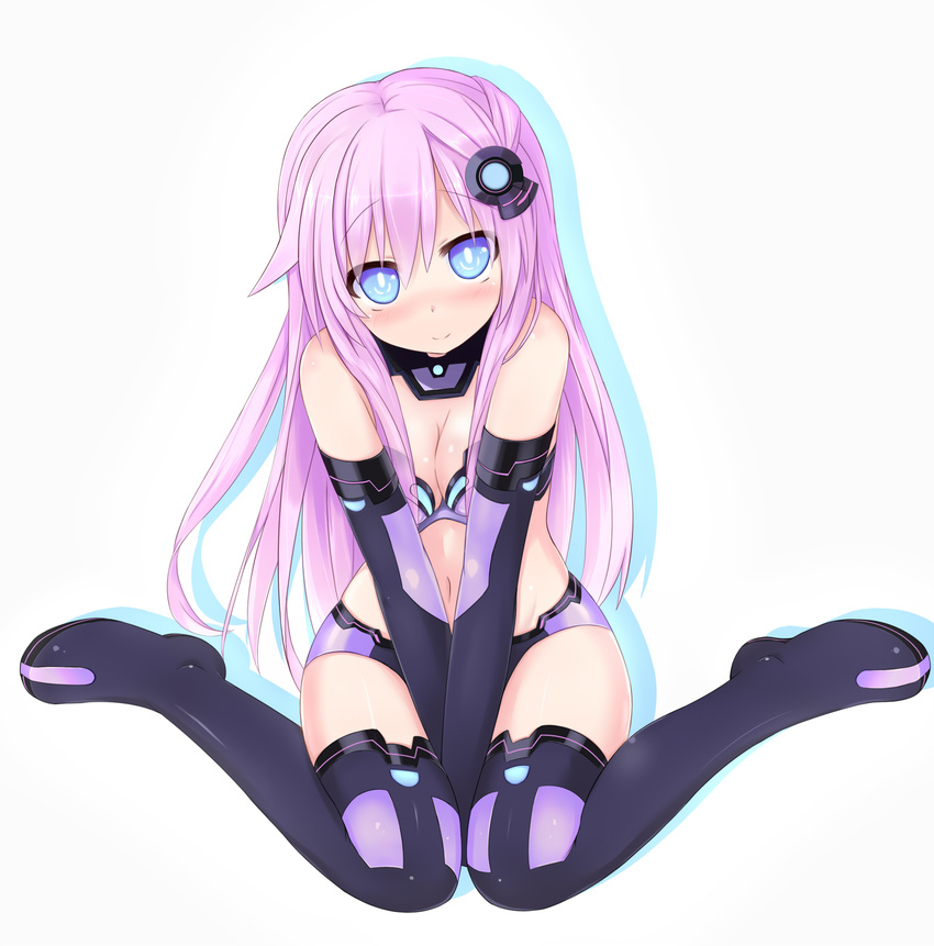 blue_eyes blush breasts bustier choujigen_game_neptune_mk2 cleavage drop_shadow elbow_gloves gloves hair_ornament highres kosen_dream long_hair medium_breasts navel nepgear neptune_(series) purple_hair purple_sister simple_background sitting smile solo thighhighs v_arms wariza