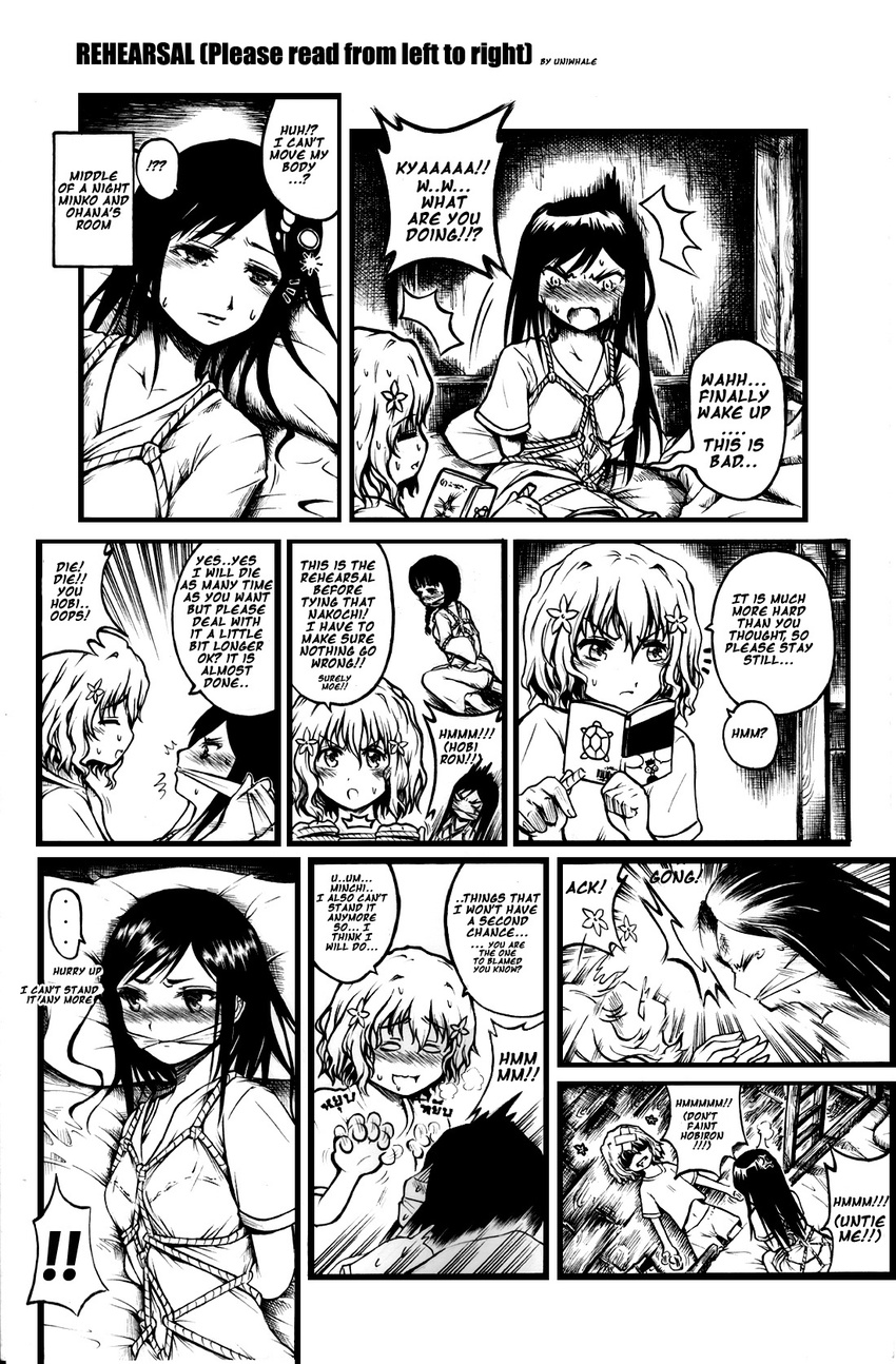 bdsm blush bondage bound comic engrish flower greyscale hair_flower hair_ornament hanasaku_iroha headbutt highres left-to-right_manga long_hair matsumae_ohana monochrome multiple_girls navel oshimizu_nako ranguage short_hair translation_request tsurugi_minko yuri yuriwhale