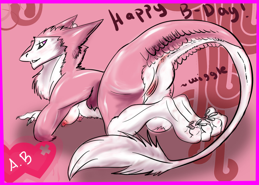 all_fours aurabeedit breasts female happy_birthday looking_at_viewer pink presenting pussy sergal solo text