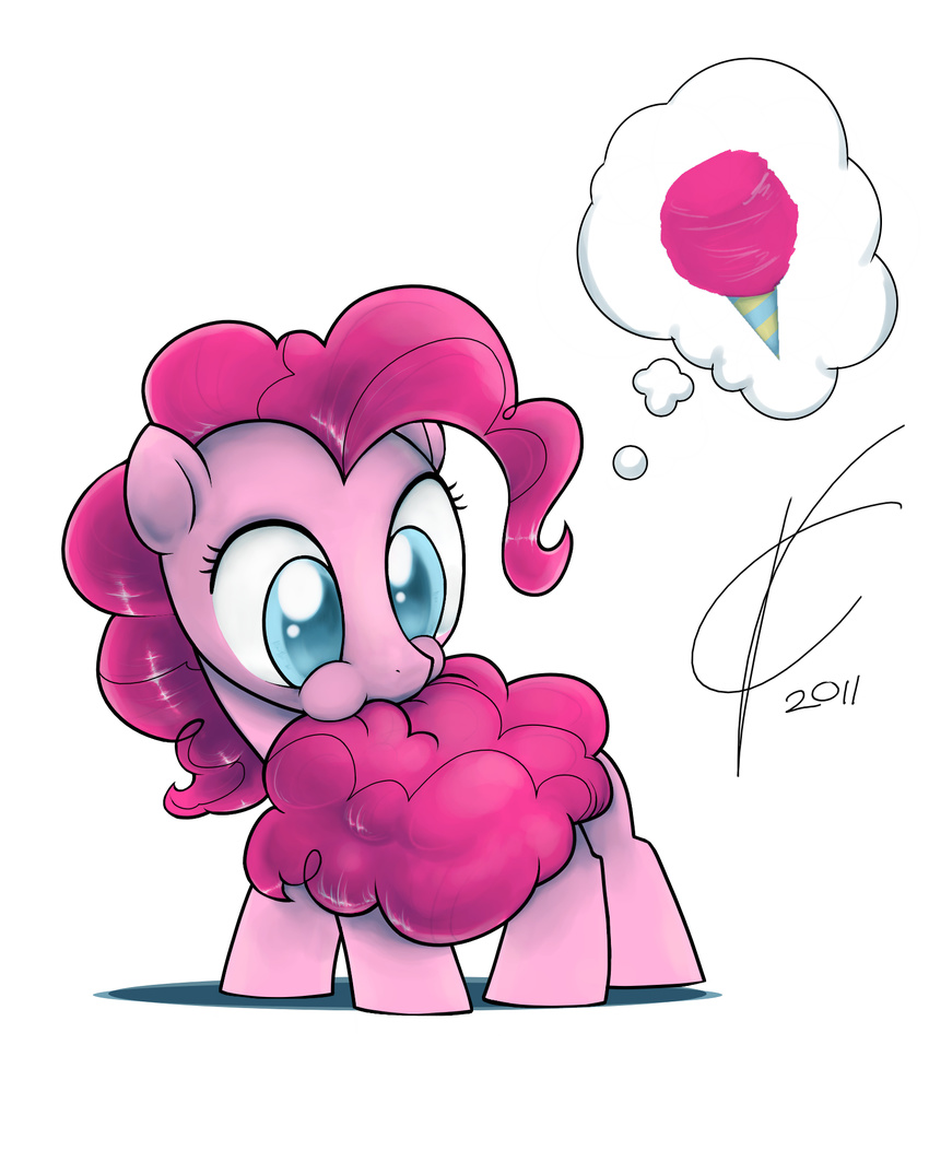 biting blue_eyes chewing cotton_candy dreatos highres horse my_little_pony my_little_pony_friendship_is_magic no_humans pink_hair pinkie_pie puffy_cheeks signature simple_background solo standing tail tail_biting thought_bubble younger