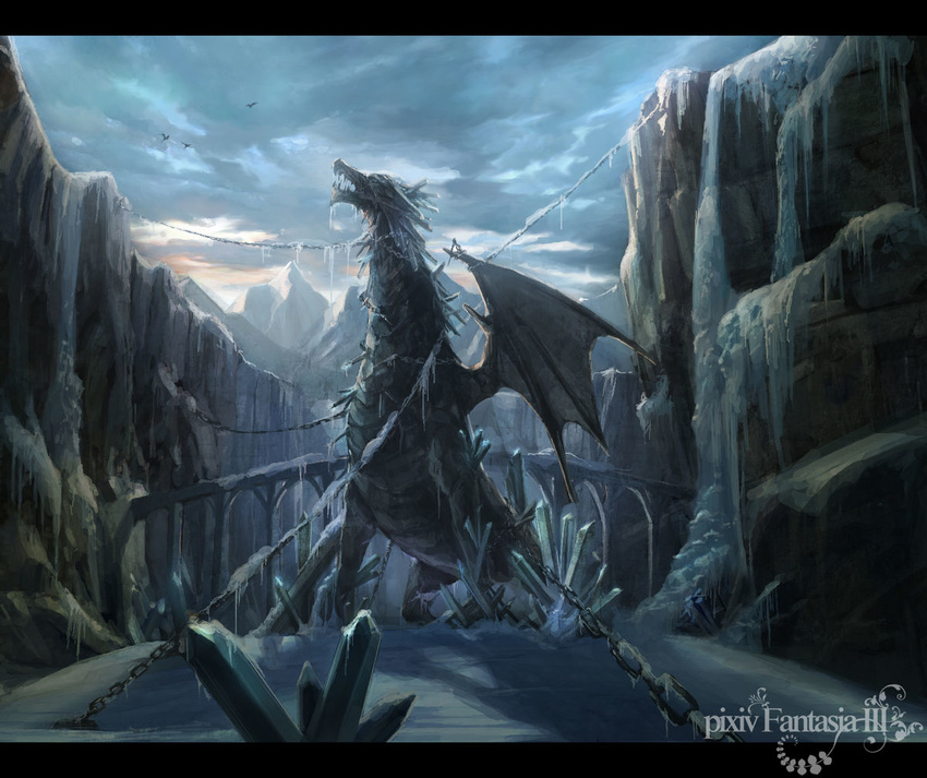 bridge chain cool_colors dragon feral ice pixiv_fantasia revith s@e sae solo sword weapon wings