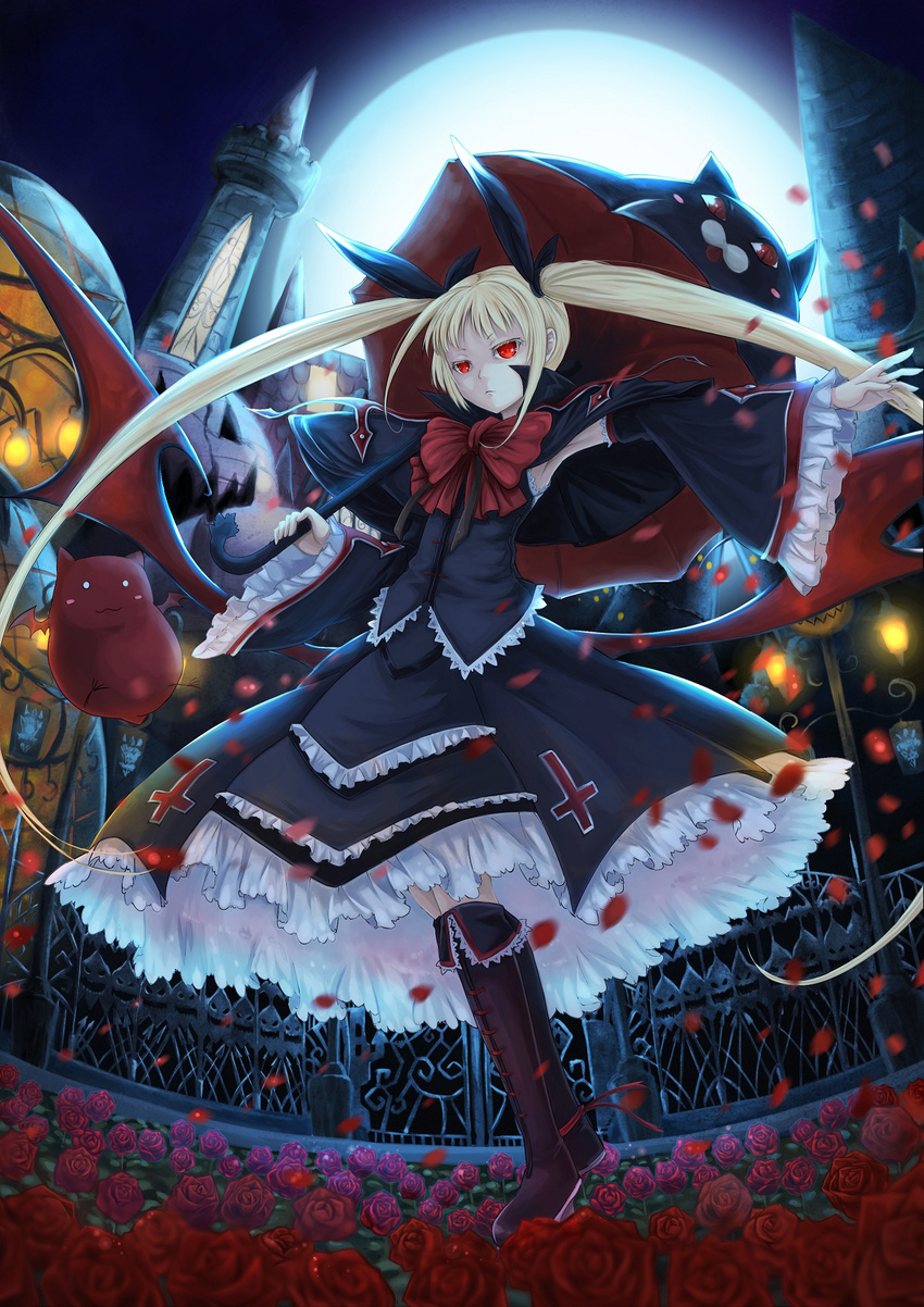 animal_themed_umbrella armpits black_umbrella blazblue blonde_hair boots bow bowtie castle colored_eyelashes cross detached_sleeves flower frills gii gothic_lolita hair_bow highres knee_boots ks large_bow lolita_fashion long_hair moon nago outstretched_arm petals rachel_alucard red_bow red_eyes rose skirt skirt_set solo twintails umbrella very_long_hair wings