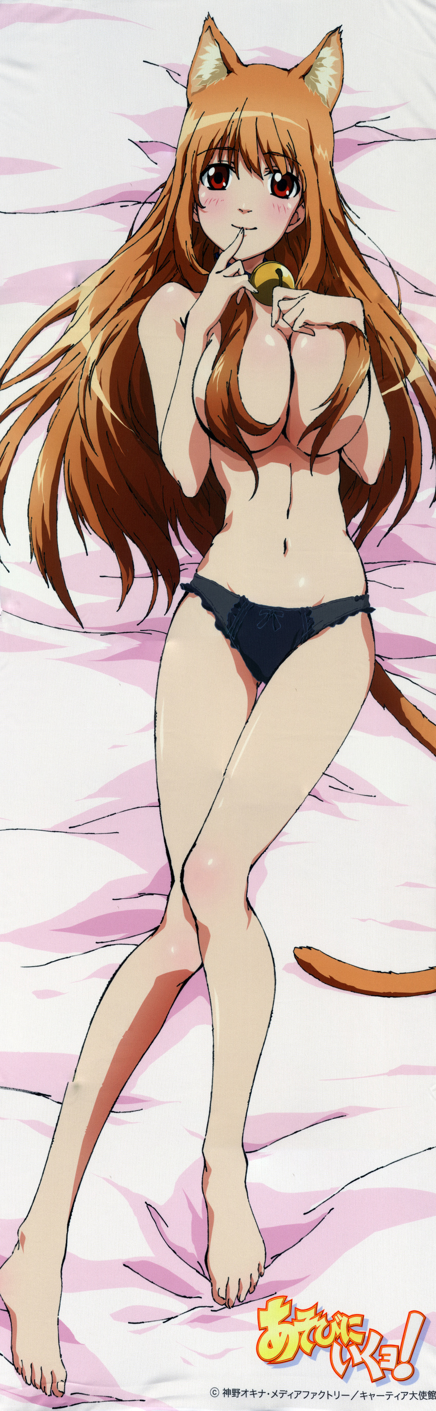 absurdres animal_ears asobi_ni_iku_yo! barefoot bell blush breasts brown_hair censored cleavage convenient_censoring dakimakura eris_(asobi_ni_iku_yo!) feet full_body hair_censor hair_over_breasts highres jingle_bell large_breasts legs long_hair lying non-web_source on_back panties red_eyes solo tail underwear very_long_hair