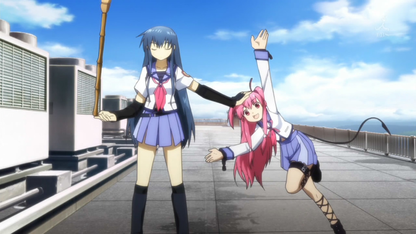 air_conditioning_units angel_beats! arm_guard balancing_broom_on_finger cap clouds expressive_pose eyes_closed lace_boots long_blue_hair long_pink_hair on_rooftop red_eyes school_uniform shiina_(angel_beats!) shin_guards sky tail thigh_straps yui_(angel_beats!)