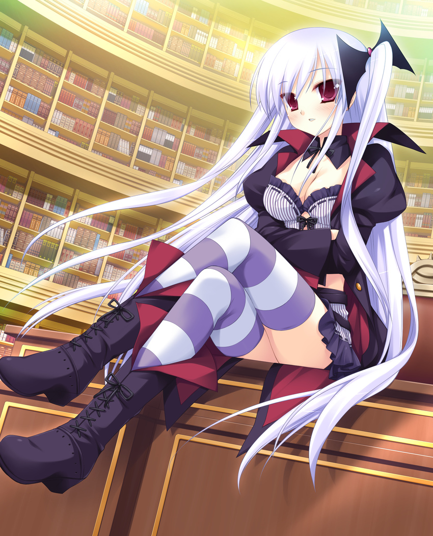 akechi_hikari blue_hair book boots bustier cape crossed_legs highres hyper_highspeed_genius library long_hair miyasu_risa purple_legwear red_eyes shelf sitting skirt solo striped striped_legwear thighhighs twintails vertical_stripes very_long_hair