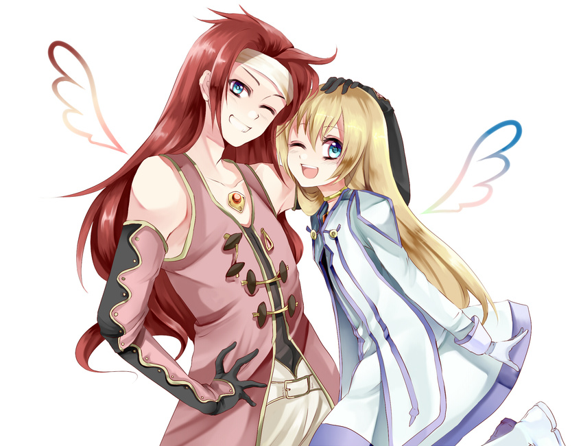 1girl blonde_hair collet_brunel hand_on_another's_head highres kurabayashi long_hair one_eye_closed red_hair tales_of_(series) tales_of_symphonia zelos_wilder