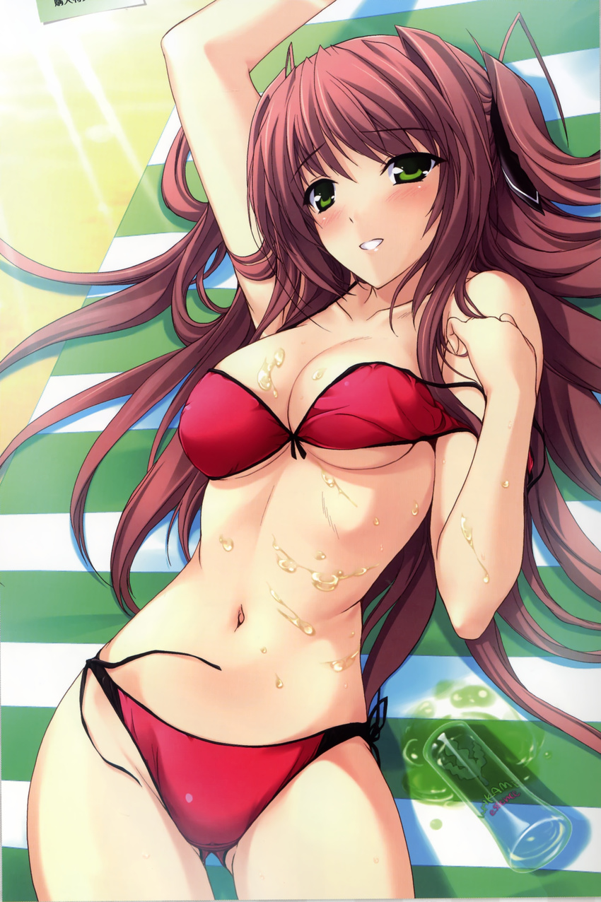 1girl abs absurdres artist_request belly bikini blush breasts brown_hair cleavage cream curvaceous green_eyes happy highres long_hair lotion lying mizugi navel onigirikun open_mouth pastel_chime pastel_chime_continue red_bikini rindou_rinna shitapai side-tie_bikini smile solo strap_slip sunscreen suntan_lotion swimsuit wide_hips