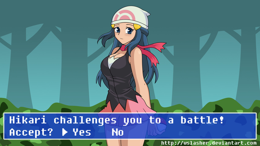 blouse blue_eyes blue_hair blush breasts derivative_work dialogue_box fake_screenshot gameplay_mechanics hair_ornament hairclip hat highres hikari_(pokemon) huge_breasts jadenkaiba legs long_hair miniskirt outdoors parody poke_ball pokemon pokemon_(game) pokemon_dppt scarf skirt solo vector_trace wallpaper wslasher