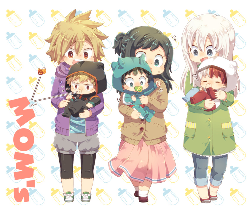 3boys 3girls baby bakugou_katsuki bakugou_mitsuki blue_eyes blush boku_no_hero_academia cardigan chibi coat eyes_closed full_body green_eyes green_hair hood long_hair long_skirt midoriya_inko midoriya_izuku mother_and_son multicolored_hair multiple_boys multiple_girls onesie open_mouth pacifier pink_skirt red_eyes red_hair short_hair skirt smile spiked_hair todoroki_rei todoroki_shouto two-tone_hair uppi white_hair younger