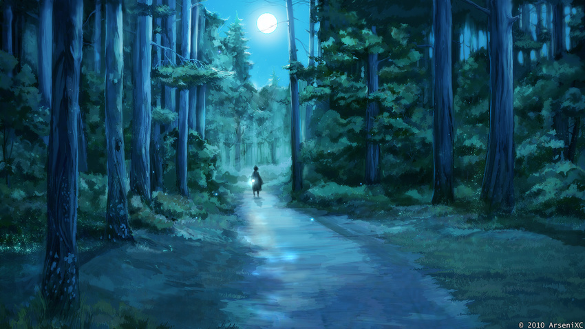 arsenixc everlasting_summer flashlight forest moon nature night original path road scenery solo tree