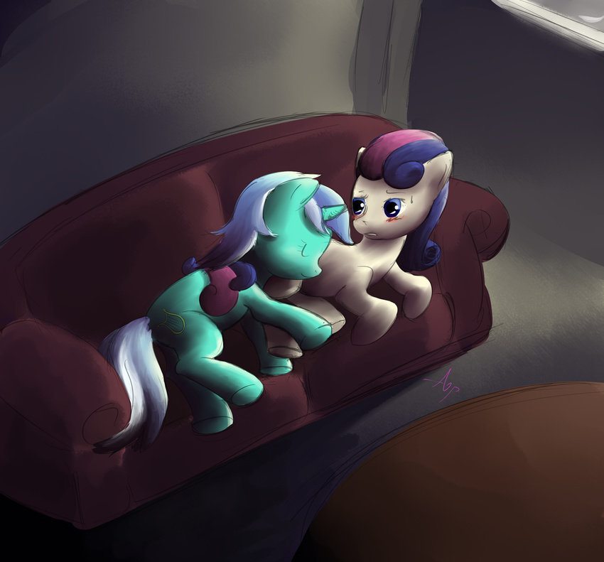 a6p blue_eyes blush bonbon_(mlp) cuddle cuddling cute cutie_mark duo equine female feral friendship_is_magic hair horn horse inside lying lyra_(mlp) lyra_heartstrings_(mlp) mammal my_little_pony on_side pony signature sleeping sofa two_tone_hair unicorn