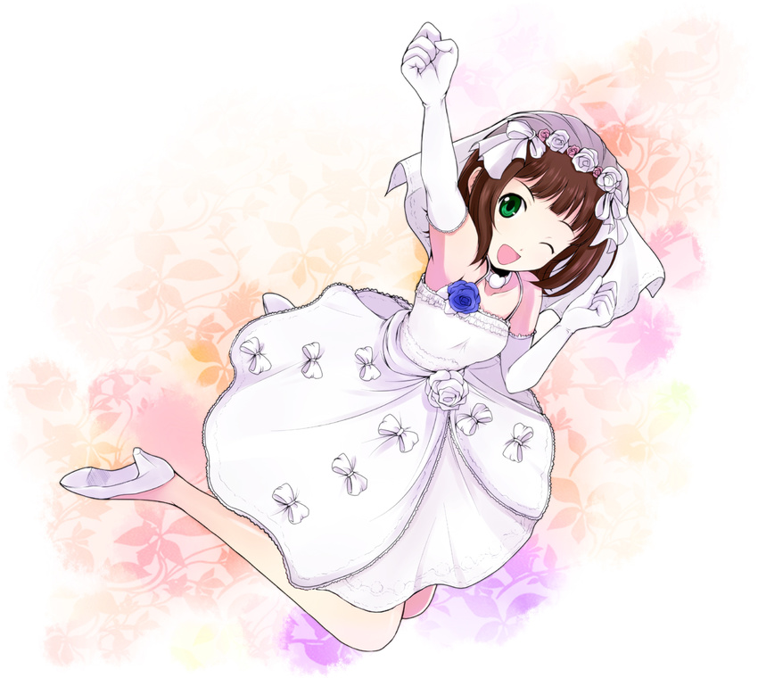 ;d amami_haruka arm_up bad_id bad_pixiv_id bare_shoulders bouquet bridal_veil brown_hair dress elbow_gloves flower gloves hair_flower hair_ornament idolmaster idolmaster_(classic) jumping one_eye_closed onion_(lemlaml) open_mouth rose shoes short_hair smile solo veil wedding wedding_dress