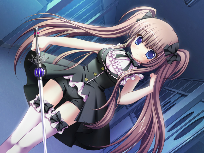 blue_eyes brown_hair game_cg impossible_clothing loli long_hair solo sword tagme thighhighs