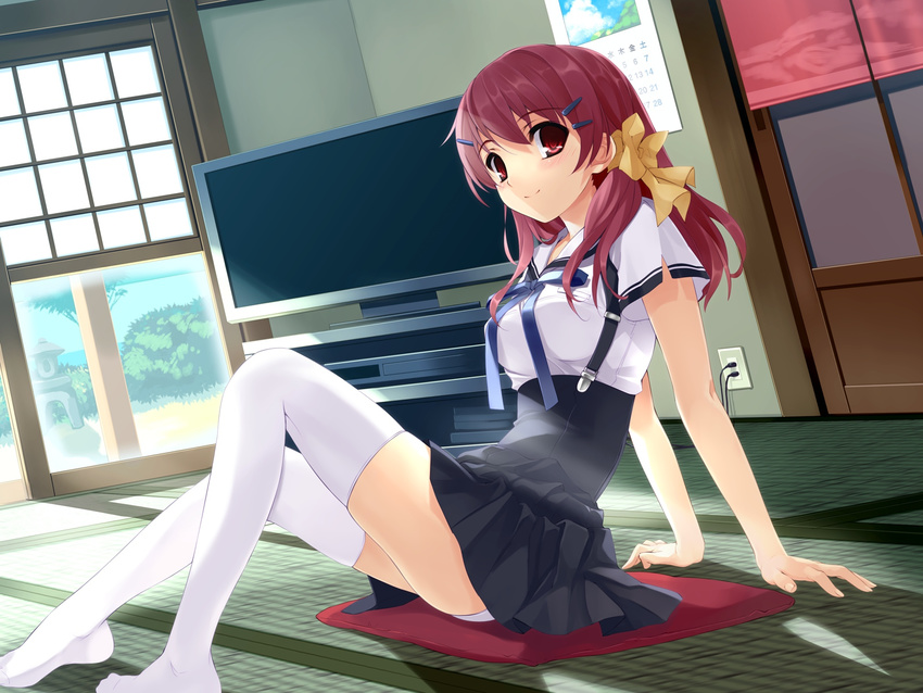 ashita_no_kimi_to_au_tame_ni hair_ornament hair_ribbon hairclip highres leaning_back legs long_hair long_legs looking_at_viewer misaki_kurehito panties pillow pleated_skirt red_eyes red_hair ribbon school_uniform sitting skirt smile solo television thighhighs tree underwear wakamiya_asuka white_legwear white_panties