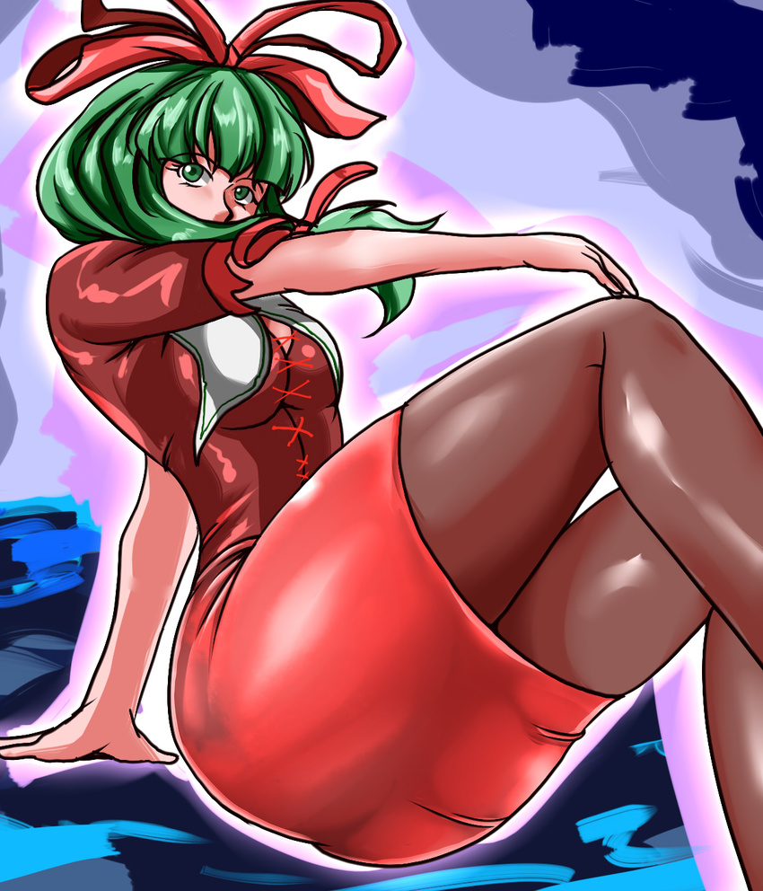 adapted_costume ass bow breasts front_ponytail green_eyes green_hair hair_bow highres kagiyama_hina medium_breasts miniskirt pantyhose skirt solo tom_(remisaku) touhou