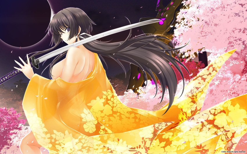 back bare_back black_hair breasts cherry_blossoms eclipse highres japanese_clothes katana long_hair looking_back medium_breasts miyata_sou muvluv muvluv_alternative muvluv_total_eclipse over_shoulder see-through sideboob solar_eclipse solo sword sword_over_shoulder takamura_yui weapon weapon_over_shoulder