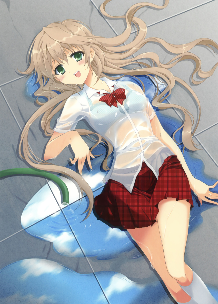 blonde bra green_eyes ikeda_jun long_hair open_mouth school_uniform see_through solo tagme wet wet_clothes