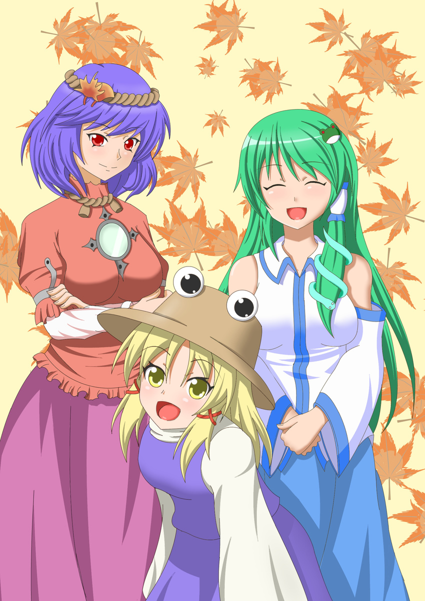 absurdres blonde_hair detached_sleeves green_hair hair_tubes highres kochiya_sanae leaf long_hair maple_leaf mimix33 moriya_suwako multiple_girls open_mouth purple_hair short_hair skirt smile touhou yasaka_kanako