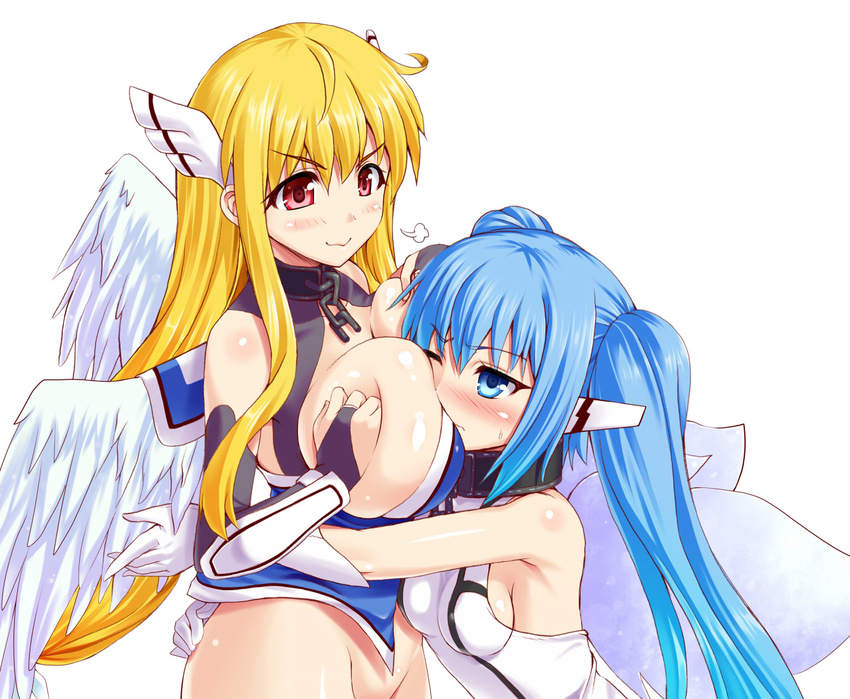 &gt;:) angel_wings astraea blonde_hair blue_eyes blue_hair blush bottomless breast_press breast_smother breasts bridal_gauntlets gloves head_wings hug huge_breasts kawase_seiki long_hair multiple_girls no_panties nymph_(sora_no_otoshimono) one_eye_closed out-of-frame_censoring red_eyes sideboob smile sora_no_otoshimono sweat twintails v-shaped_eyebrows very_long_hair wavy_mouth white_gloves white_wings wings