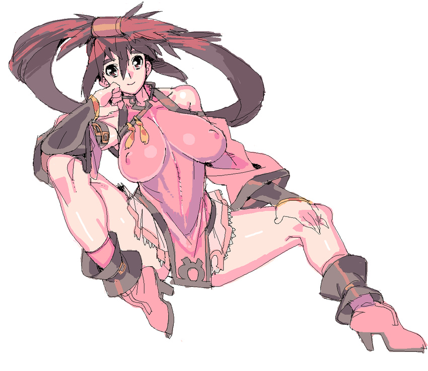 bad_id bad_pixiv_id bare_shoulders breasts brown_hair china_dress chinese_clothes covered_nipples detached_sleeves dress guilty_gear high_heels huge_breasts impossible_clothes impossible_shirt kuradoberi_jam long_hair meisamu miniskirt shirt shoes skin_tight skirt solo very_long_hair